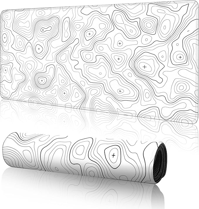 Topographic Large Gaming Mouse Pad,White Mouse Pad Gaming Mouse Mat Desk Pad,31.5 x 11.8 Desk Mat Minimalist Mouse Pads for Desk,Extended White Keyboard Mousepad with Non-Slip Base and Stitched Edge