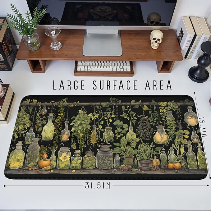 Witchy Botanical Green Plants Desk Mat Mouse Pad Large Gaming Mouse Pad Mystical Dark Cottagecore Mousepad Computer Laptop Keyboard and Mouse Mat, Desktop Protector Mat