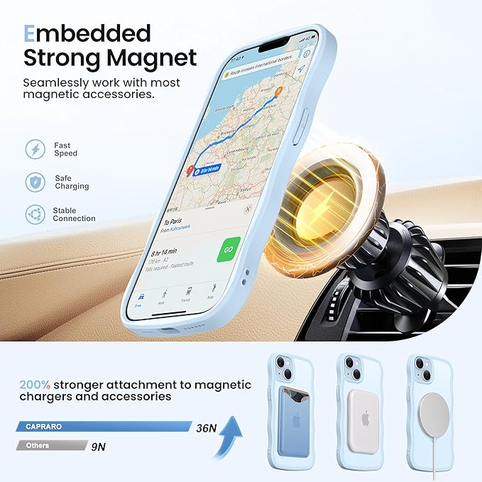 CAPRARO for iPhone 13 Case & iPhone 14 Case with 360° Spin Magnetic Stand for Women, [Compatible with MagSafe] [Camera Protection] Cute Wave Translucent Matte Case for iPhone 13/14, Light Blue