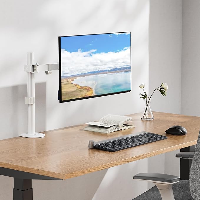 Mount-It! Single Monitor Arm 17" to 32", Full Motion Adjustment with Tilt, Rotation, Swivel, Height Adjustment Along Pole, Clamp or Grommet Mounting, Monitor Desk Mount VESA 75x75 and 100x100, White