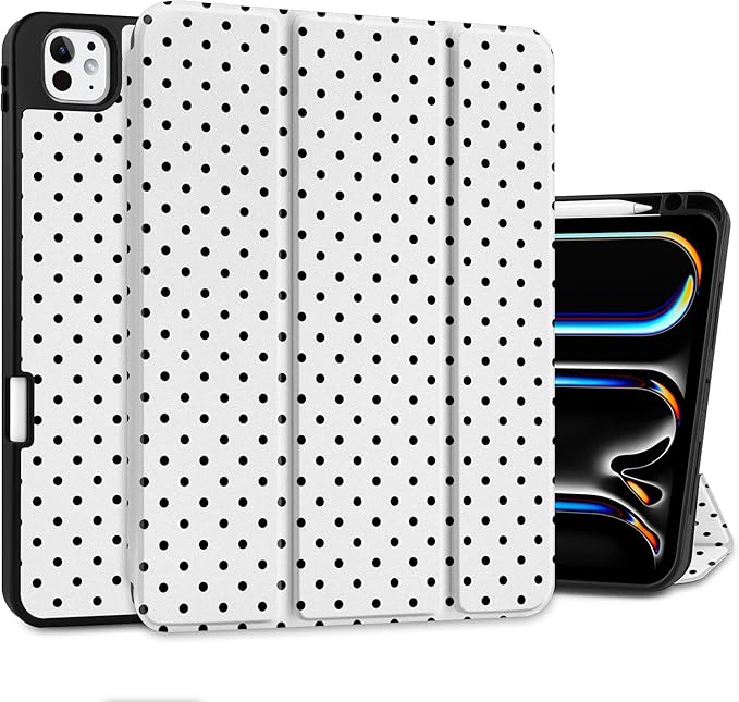 MEEgoodo Case for M5 iPad Pro 11 inch 2025/M4 iPad Pro 11 inch Case 2024, Tablet Cover with Trifold Stand & Pencil Holder & Auto Wake/Sleep & Soft TPU Back Cover, Black Polka Dot