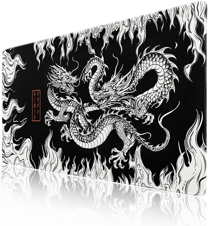 Japanese Dragon Mouse Pad XXL Black White Aesthetic Anime Extended Desk Mat 90X40 cm Non-Slip Rubber Base Stitched Edge Large Mousepad for Gaming Laptop Computer Desktop 35.4×15.7 Inch