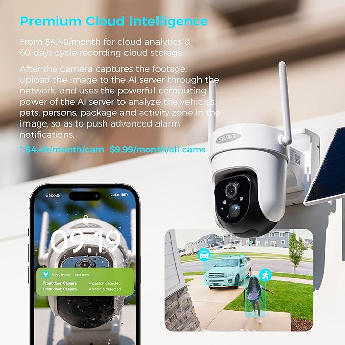 Vicohome CQ4G 2K AI Solar Security Camera Wireless Outdoor, Battery Powered Cam, Color Night Vision, Two Way Audio, Motion Detection, Easy to Setup, Audible Flashlight Siren, 180 Days Exchange Policy