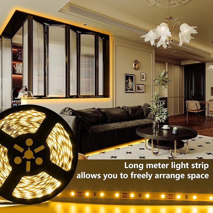 LED Strip Lights 65.6ft Dimmable 3000K Warm White Strip Lighting, 12V 20M 1200 LEDs 2835 Flexible Ribbon led Light for Bedroom, Kitchen, Home Decoration.