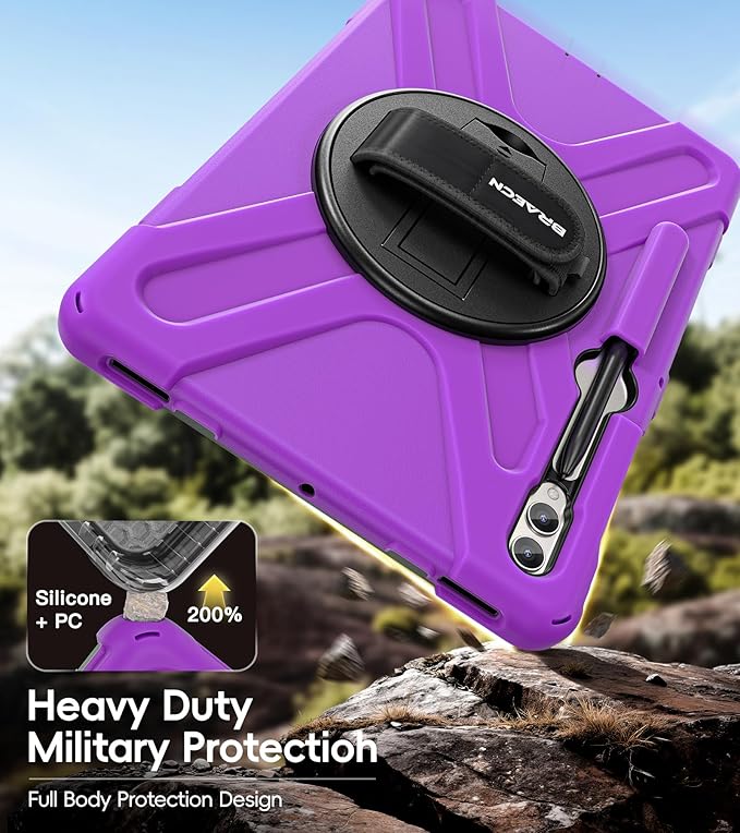 BRAECN for Samsung Galaxy Tab S10+ Plus/S9+/S9 FE + /S8+ Plus/S7 +Plus /S7 FE 12.4 Inch,Heavy Duty Shockproof Case with S Pen Holder&360 Rotating Hand Strap/Kickstand/Shoulder Strap -Purple