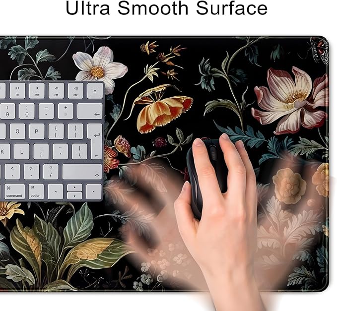 Dark Floral Desk Mat Vintage Aesthetic Desk Pad Flower Plant Black Extended Mouse Pad Large Gaming Mousepad XL Laptop Computer Mouse Keyboard Mat 31.5 x 11.8 in for Office Decor