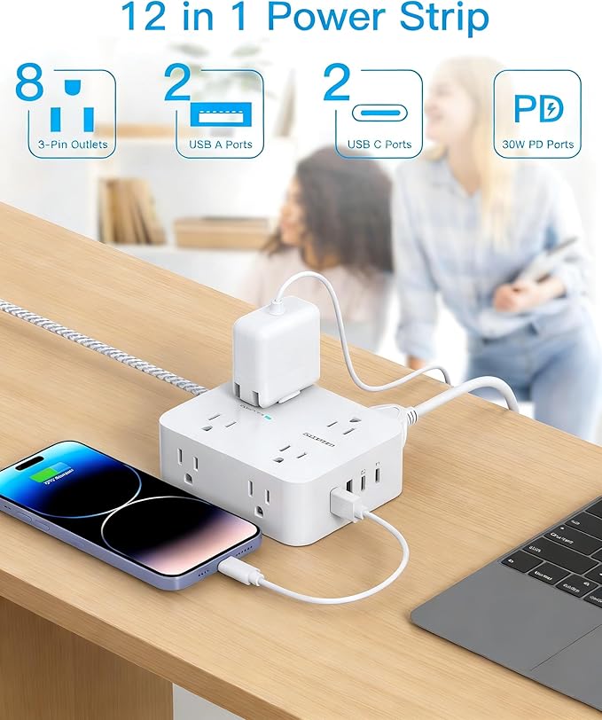 PD 30W USB C Power Strip Surge Protecor, HANYCONY 8 Outlets 4 USB(2 USB C Ports), 1080J Desk Charging Station for Multiple Devices, 10 Ft Flat Plug Extension Cord for College Dorm Room Essentials