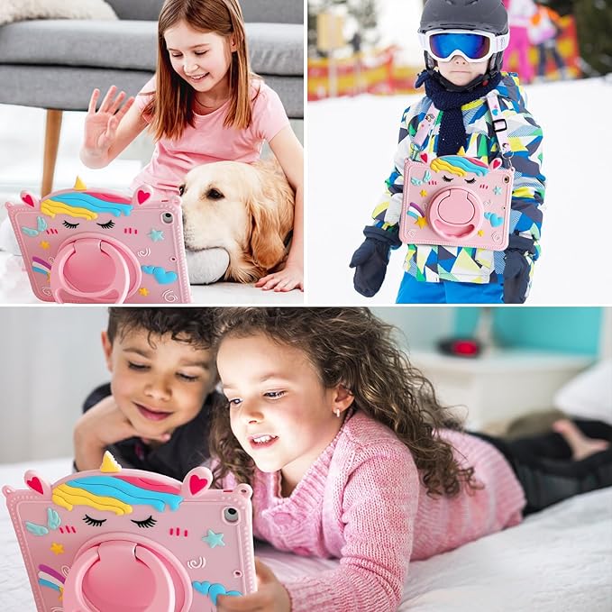 Kids Case for Apple iPad A16 11" 11th 10th Gen 10.9" 2025 2022, Cute Design EVA Kickstand Heavy Duty Shockproof Kids Friendly Bumper Case with Shoulder Strap Cover for iPad 11th 10th Gen, Pink Unicorn