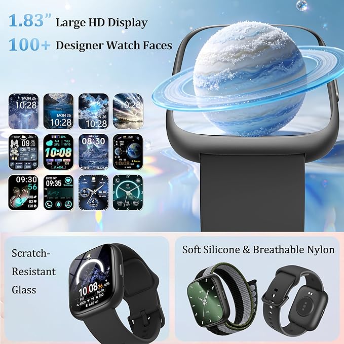 Smart Watch for Women Men, 2026 Upgrade Smartwatch [2 Bands, 44mm case], 1.83" Fitness Tracker Watch Alexa Built-in, Make/Answer Call, HR Sleep Stress Monitor, IP68 Waterproof Step Counter Watch