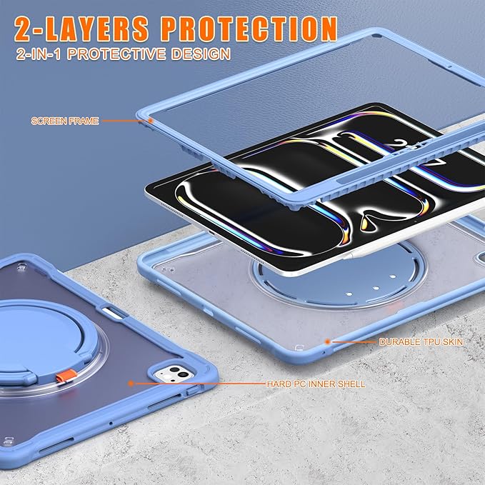 Batianda for iPad Pro 13 inch Case 2025 M5 2024 M4 Chip Dual-Layer Protective Tablet Cover, Durable Shock-Absorbing Corners with 360° Rotating Kickstand Ring Built-in Pen Slot, Lavender Grey