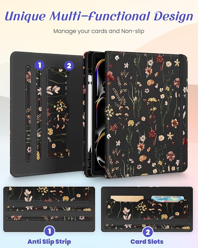 Kidcube for iPad Pro 13 Inch Case M4 2024 - Women Girls Cute Rotating Stand Folio Cover with Pencil Holder & Card Slot Flowers Floral Unique Design for iPad Pro 13 Inch Case 2024 (A2925 A2926 A3007)