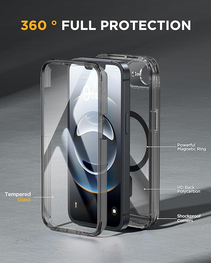 Miracase for iPhone 17e Case & iPhone 16e Case, Full-Body Phone with Built-in Glass Screen Protector, [Magnetic with MagSafe] Military Drop Proof 17 E/ 16 E Cover Bumper 6.1 inch, Clear Black