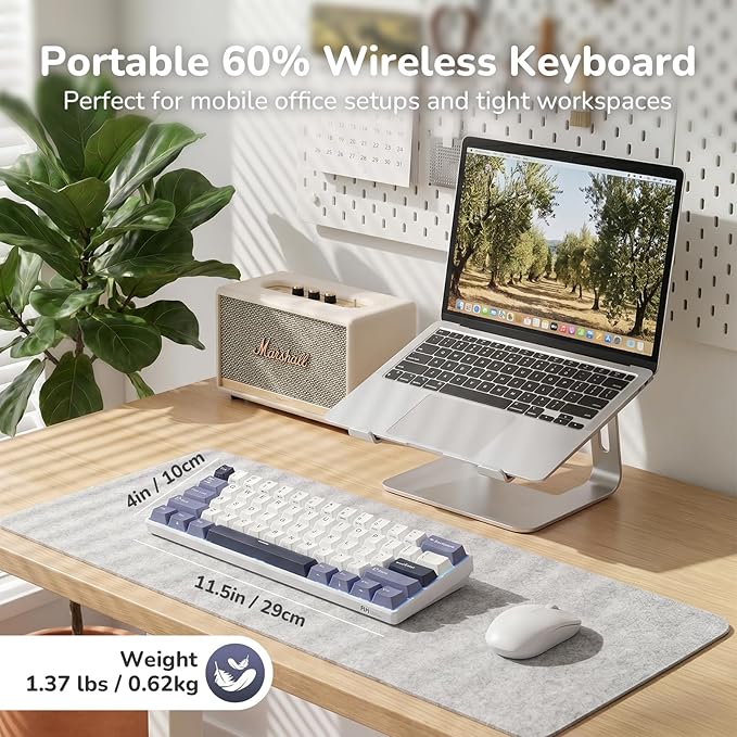 RK ROYAL KLUDGE RK61 Wireless Mechanical Keyboard, 60% Triple Mode BT5.0/2.4G/USB-C Compact Gaming Keyboard, PBT Keycaps, Pro Software, Hot Swappable Custom Switches