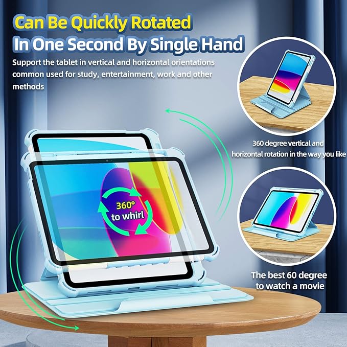 Rotating Case for iPad 11" A16 2025 / iPad 10th Generation 10.9" 2022 Smart Cover with Pencil Holder, Techcircle [Corner Protection] Hybrid TPU+PC Magnetic Flip Stand Soft Bumper Cover, Baby Pink