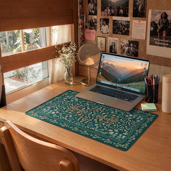 iCasso Green Aesthetic Flower Mouse pad for Laptop, Vintage Desk Matt for Desktop 13.7"x23.6", Anti-Slip Mousepad with Stitched Edges for Laptop Computer Keyboard(Deep Green)