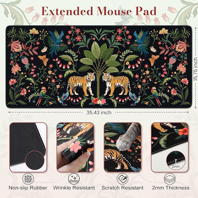 Mouse Pad Desk Mat Desk Pad, Black 35.4 x 15.7 Large Desk Pad Mat for Keyboard and Mouse, Smooth Lycra Gaming Mouse Pad, Stitched Edges, Non-Slip Rubber Base Desk Protector