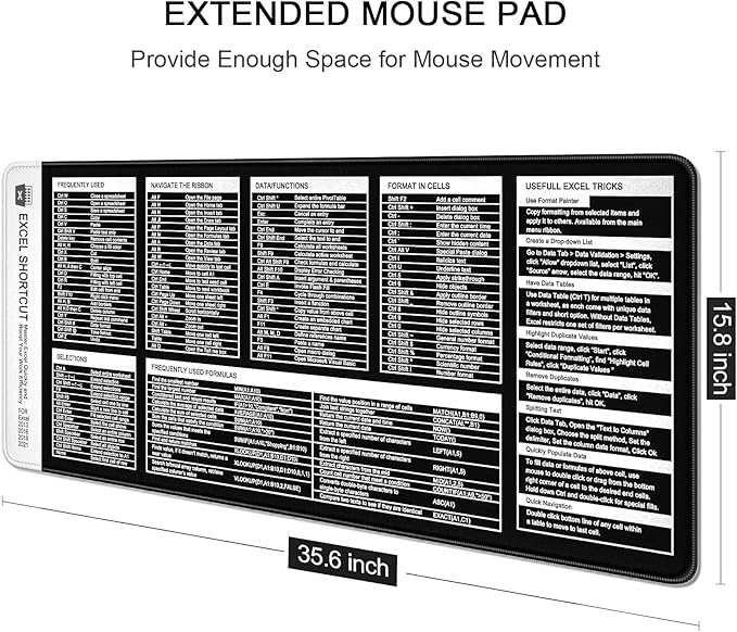Excel Shortcut Keys Mouse Pad, Large Extended XL XXL Cheat Sheet Gaming Mouse Pad, Office Spreadsheet Desk Mat, Long Big Keyboard Mat, Desk Pad for Desktop, Non-Slip, Stitched, 35.4" x 15.7", Black