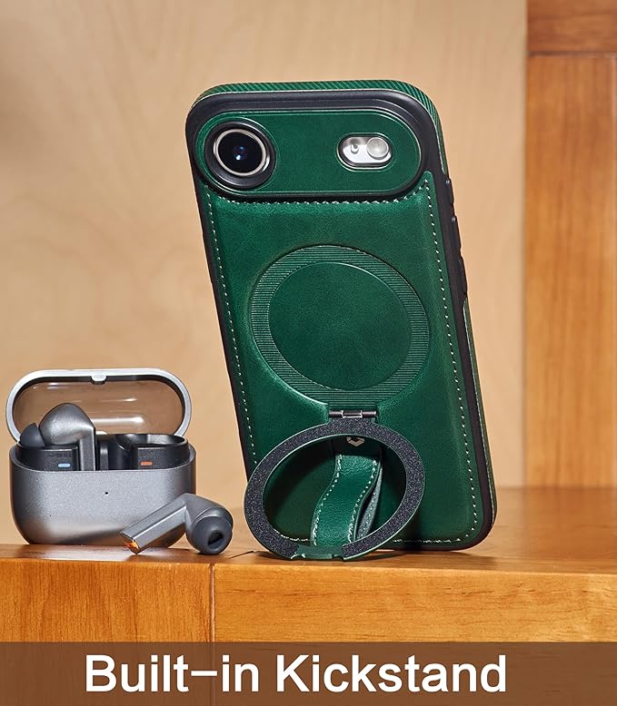 Butaiga for iPhone Air Leather Case with Stand, Anti-Slip Grip Ring, Fits for MagSafe (Green,iPhone Air)