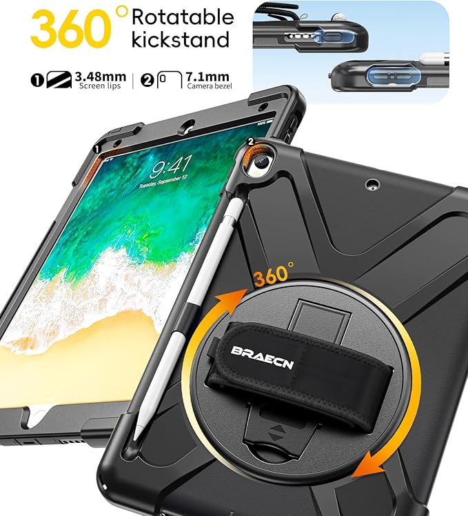 BRAECN Case for iPad Air 3rd Generation 2019 / iPad Pro 10.5 inch 2017, Rugged Heavy Duty Shockproof Cover with Pencil Holder, 360° Rotating Kickstand & Adjustable Hand Strap & Shoulder Strap for Kids