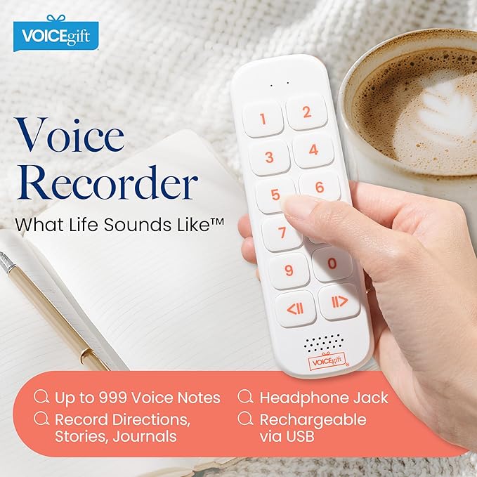 VOICEGIFT Play, 10 Hour Capacity Screen-Free Voice Recorder, Playback Tool, Portable Electronic Story Player with Speaker, Clip & Strap, Add Voice to Journals, Albums and Keepsakes