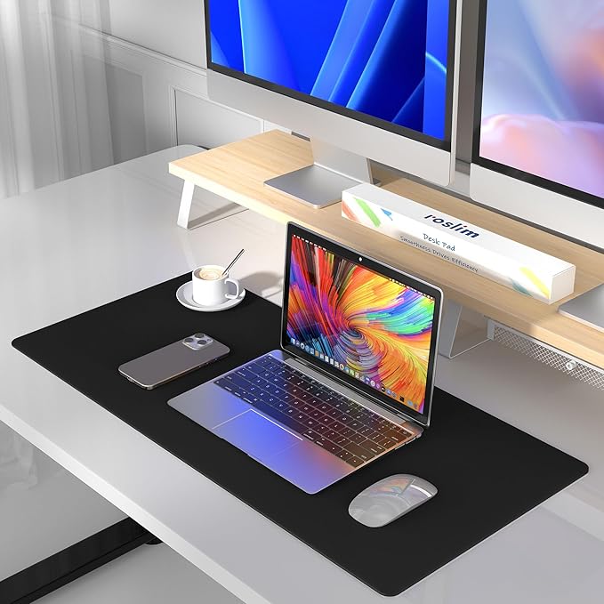 Leather Desk Pad Protector, Mouse Pad, Non-Slip Computer Mat for Desk, PU Leather Office Desk Mat for Home Office, Waterproof Laptop Desk Blotter Pad for Keyboard and Mouse, Black (13.7''X23.6'')