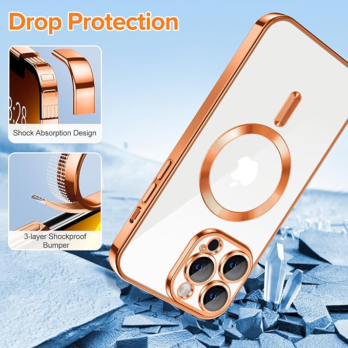 Hython Magnetic Clear for iPhone 13 Pro Case with Camera Lens Protector [Compatible with MagSafe] Luxury Plating Edge Slim Soft TPU Cover Protective Phone Case for iPhone 13 Pro 6.1", Orange