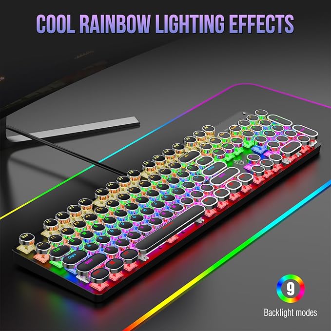 Typewriter Mechanical Gaming Keyboard with RGB Backlit Red Switches, 104 Keys Retro Round Keycap, Wired Typewriter Style Comfortable Typing Soud (L-Black)