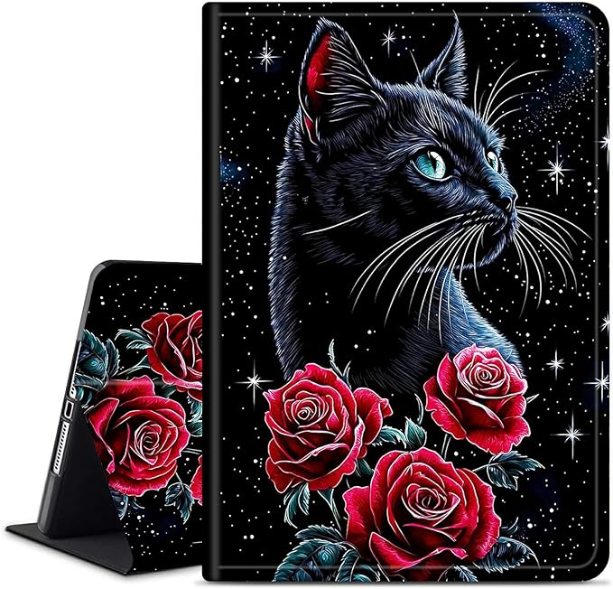 for Amazon Kindle Fire HD 8 (8th/7th/6th Generation, 2018/2017/2016 Release) 8" Tablet Case, Slim Kickstand Stand Leather Smart Cover with Auto Wake/Sleep, Red Rose Cat Black