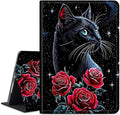for Amazon Kindle Fire HD 10 (9th/7th/5th Generation, 2019/2017/2015 Release) 10.1" Tablet Case, Slim Kickstand Stand Leather Smart Cover with Auto Wake/Sleep, Red Rose Cat Black