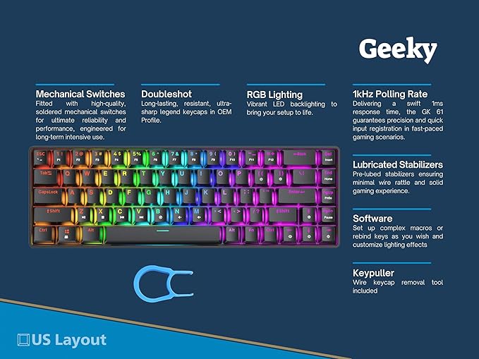 Geeky GK65 65% | Hot Swappable Mechanical Gaming Keyboard | 68 Keys Multi Color RGB LED Backlit for PC/Mac Gamer | ANSI US American Layout (Black, Mechanical Brown)