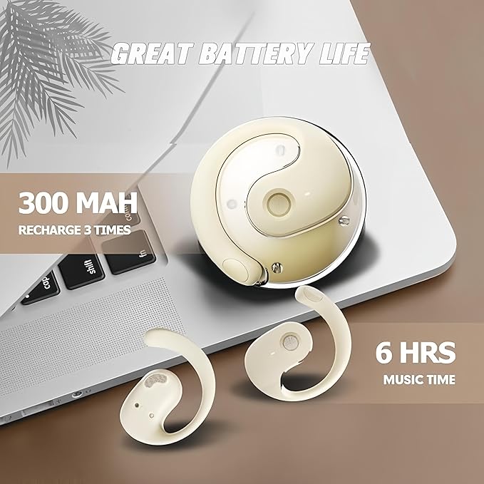 Women Men Open Ear Headphones, Bluetooth 5.4 Wireless Sports Headphones with Digital Display Charging Case 48 Hours Playtime True Earbuds with Earhooks for Jogging Walking Workout (Light khaki)