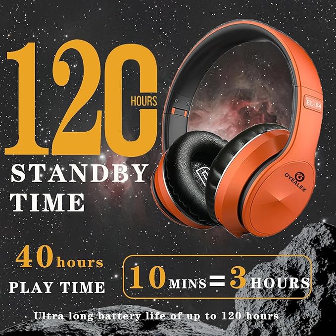 Active Noise Cancelling Headphones, Wireless Over Ear Bluetooth Headphones with Microphone Foldable Headphone with HiFi Audio Deep Bass for Home Travel Office Orange