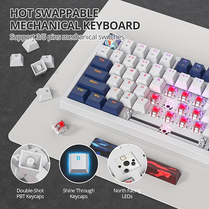 75% Mechanical Gaming Keyboard, Hot Swappable RGB Backlit Custom With Knob, Gasket Mount USB Wired, 82 Keys Blue White Linear Red Switch (82 Blue White)