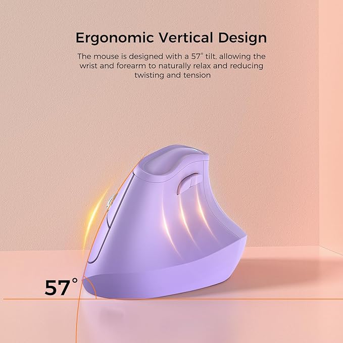KYSONA 57° Ergonomic Wireless Tower Mouse, Vertical Quiet Ergo Mouse, Bluetooth(BT5.0,BT3.0)&2.4G, (800/1200/2400/2400/4000), 7 Buttons for Windows, macOS, iPadOS, Laptop, PC,Purple