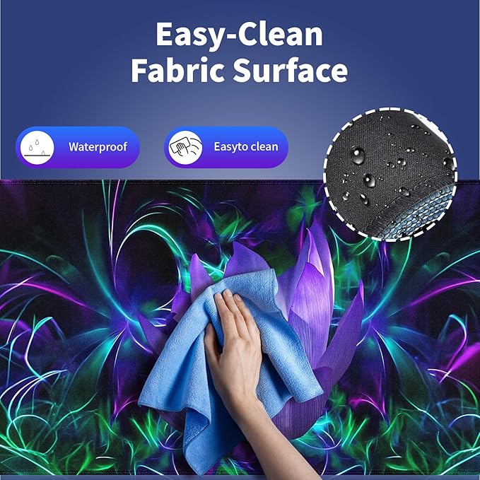 XXL Gaming Mouse Pad with Stitched Edges - Abstract Modern Neon Lotus Painting Purple Glowing Flowers Blossom, Smooth Cloth Surface Anti-Slip Rubber Base Large Desk Mat for Mice & Keyboard