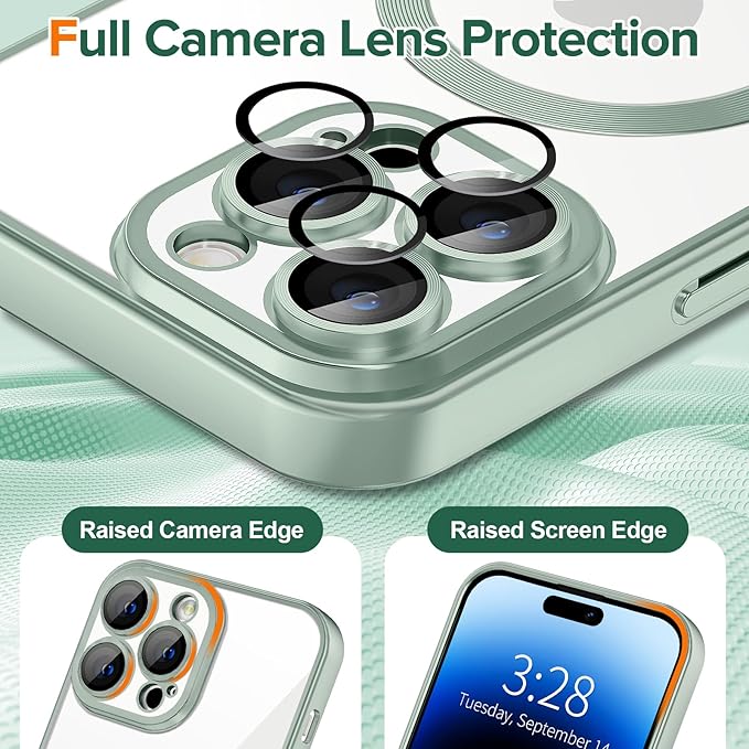 Hython Magnetic Clear for iPhone 14 Pro Max Case with Camera Lens Protector [Compatible with MagSafe] Plating Edge Slim Soft TPU Cover Protective Phone Case for iPhone 14 Pro Max 6.7", Matte Mint