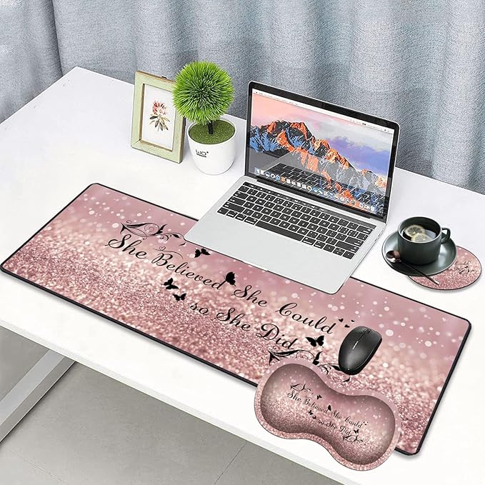 3 Piece Mouse Pad Set with Stitched Edge Large Anti-Slip Mouse Pad Desk Pad Keyboard Pad + Wrist Rest Pad + Coaster, Memory Foam Wrist Rest for Office/Home - She Believed She Could So She Did