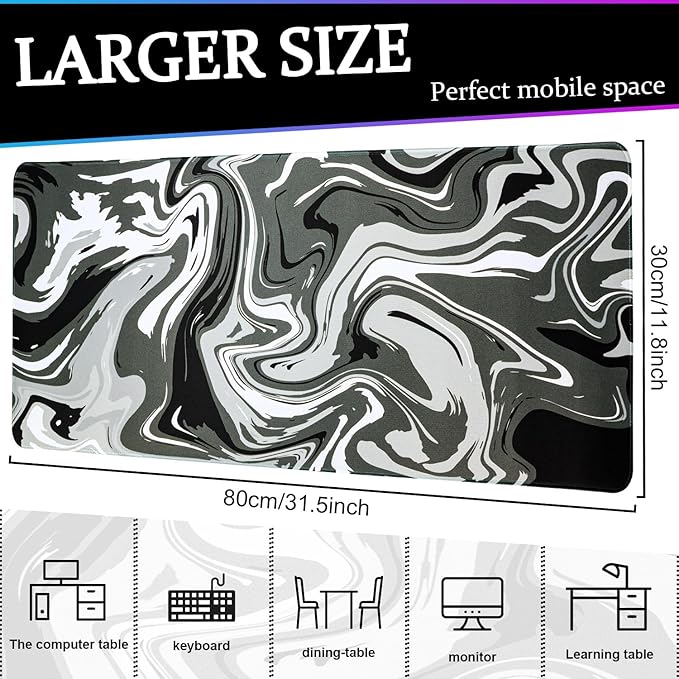 Mouse Pad Gaming Mousepad, 31.5 x 11.8in Large Desk Mat Keyboard Pads Extend Long XL Mouse Mat with Non-Slip Base Desk Accessories for Home Office Keyboard Mouse (Black Gray Fluid)