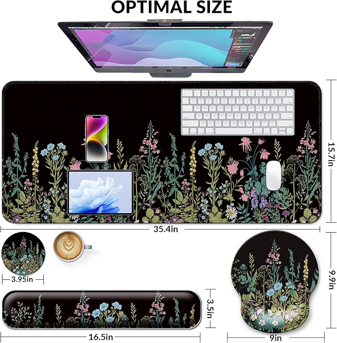 Desk Mat Set + Keyboard and Mouse Pad with Wrist Rest Support,4-in-1 Large Mousepad Computer Mats for Desktop Home & Office-Flowers Garden