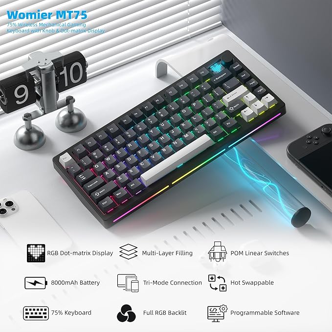 Womier 75% Wireless Mechanical Gaming Keyboard with Knob & Display, Bluetooth 5.0/2.4GHz/USB C Thocky Creamy Keyboard for PC Computer, 8000mAh Battery Hot Swappable Key Board for Win/Mac (MT75-Grey)