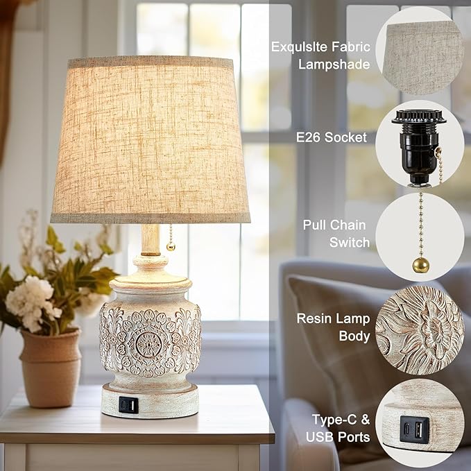19.5" Farmhouse Vintage Table Lamps for Living Room Set of 2 Traditional Rustic Bedside Lamps for Bedrooms Nightstand with USB Ports Carved Floral Night Light Lamp for Office Decor,Pull Chain