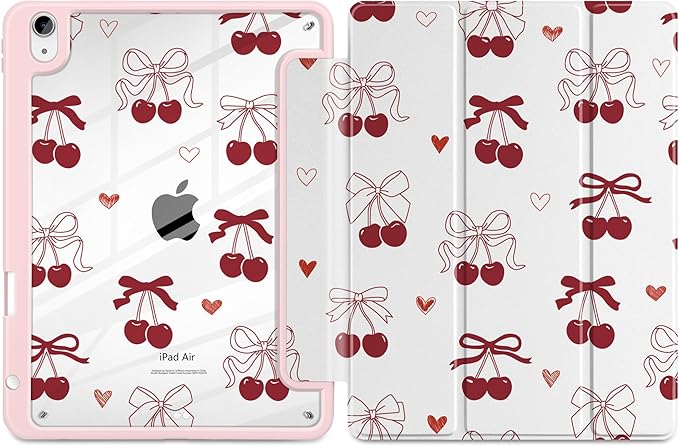 Case for iPad Air 11 inch M4 2026 M3 2025 2024 Release with Pencil Holder - Aesthetic Cute Preppy Design Trifold Cover with Soft TPU Bumper Clear Back Auto Sleep/Wake for Girls Women, Cherry