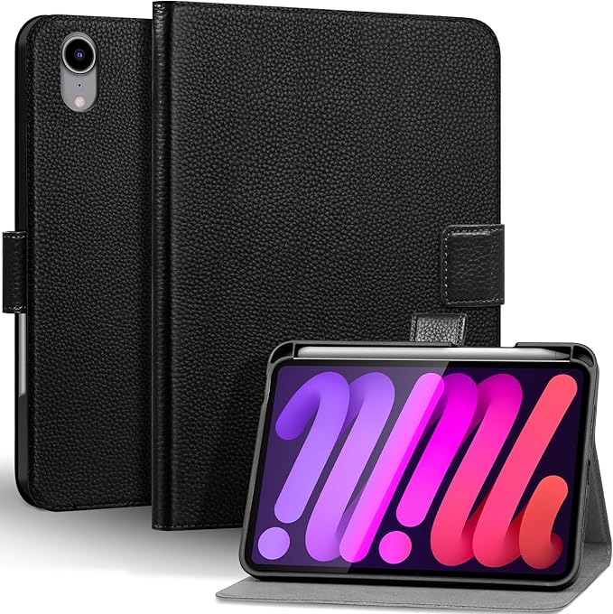 Genuine Leather Case for iPad mini 7th/6th Gen 8.3 Inch 2024/2021 | with Pencil Holder and Adjustable Stand, Magnetic Closure, Auto Wake/Sleep Cover | Black