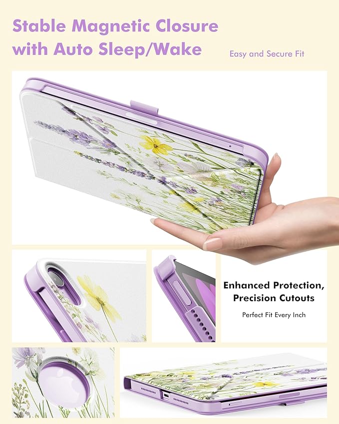 INFILAND Case for iPad mini 7 (A17 Pro) 2024 / iPad mini 6 2021, Slim Foldable Book-Style Cover with Pencil Holder, Multi-Angle Magnetic Stand,Protective Case with Auto Wake/Sleep (Floral Bloom)