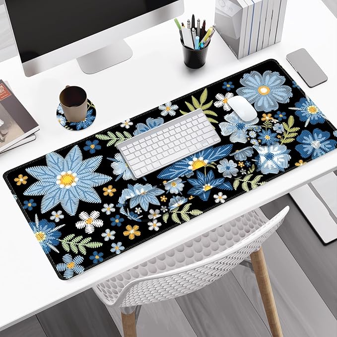 Large Gaming Mouse Pad Set, 4 in1 Ergonomics Keyboard Desk Mat with Memory Foam Wrist Rest, Computer PC Extended Game Mousepad, Non-Slip Desk Pad Matt Easy Typing Pain Relief I Forget-me-not