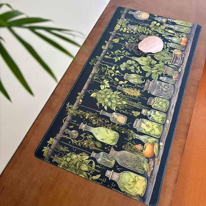 Witchy Botanical Green Plants Desk Mat Mouse Pad Large Gaming Mouse Pad Mystical Dark Cottagecore Mousepad Computer Laptop Keyboard and Mouse Mat, Desktop Protector Mat