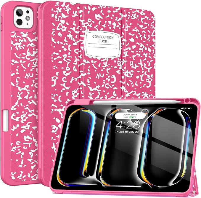 Soke Case for New iPad Pro 11 Inch (M5/M4) 5th Generation 2024-2025 with Pencil Holder - [Shockproof + Apple Pencil Charging + Auto Wake/Sleep], Soft TPU Back Cover for iPad Pro 11", Book Hot Pink