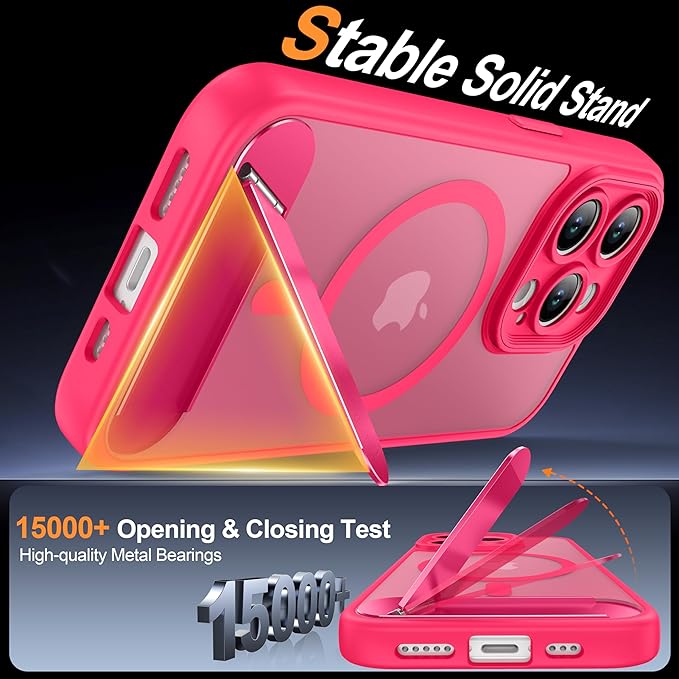 Magnetic Compatible with iPhone 15 Pro Case, [Built-in Kickstand][Full Camera Protection][Compatible with MagSafe][Anti-Fingerprint] Shockproof Phone Case for iPhone 15 Pro 6.1",Hot Pink