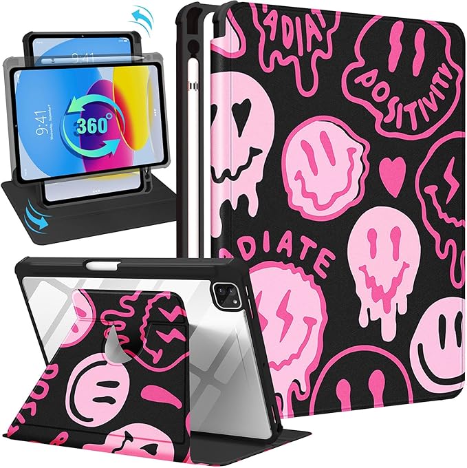 Uppuppy for iPad Air 11 inch Case, Air 5th/4th Generation 10.9, Pro 11'' Case Women Girls for Apple Pencil Holder Cute Smile Rotating Folio Cover for iPad Air 11 2024 (M2), 10.9 2022 2020, Pro 11