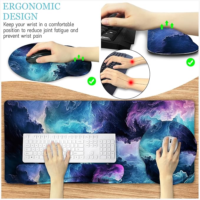 LIMKRIAN Galaxy Mouse Pad Set Large Desk Matt for Desktop, Ergonomic Mouse Pad with Wrist Rest, Gaming Mousepad Wrist Support Keyboard Mat Cup Coaster Set Cute Office Desk Decor Accessories